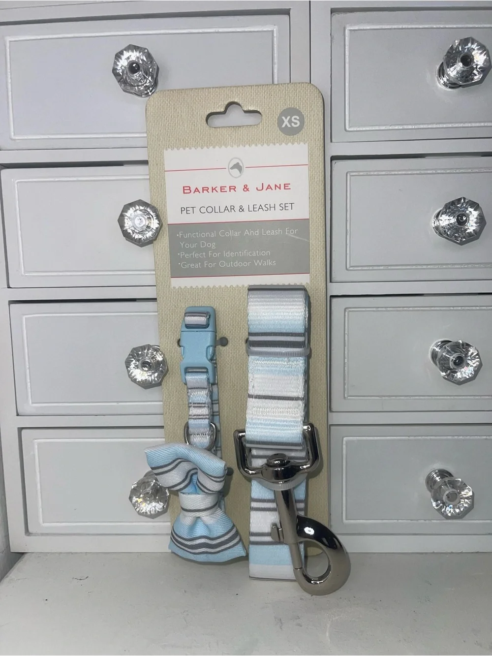 NWT Barker & Jane XS Pet Collar & Leash Set - Light Blue Stripe
